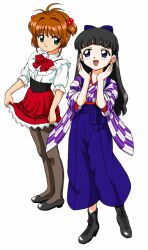  2girls bandabekken bashamichi black_boots black_hair black_shoes blue_bow blue_eyes blue_hakama boots bow bowtie bronze_parrot brown_hair cardcaptor_sakura cummerbund daidouji_tomoyo frilled_shirt frills full_body green_eyes hair_bobbles hair_bow hair_intakes hair_ornament hakama hakama_pants hands_up japanese_clothes kimono kinomoto_sakura long_hair looking_at_another looking_to_the_side miniskirt multiple_girls pants pantyhose pleated_skirt purple_kimono red_bow red_bowtie red_skirt shirt shoes short_hair simple_background skirt skirt_hold standing two_side_up waitress white_background white_shirt yagasuri 