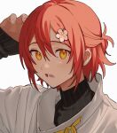  1boy flower hair_between_eyes hair_flower hair_ornament hanasaki_miyabi holostars light_blush looking_at_viewer male_focus momose_(oqo) open_mouth portrait redhead short_hair sidelighting virtual_youtuber white_background yellow_eyes 