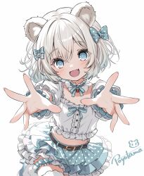  1girl :d animal_ears bear_ears belt black_belt blue_bow blue_eyes blue_hair blue_ribbon blue_skirt blue_wrist_cuffs bow center_frills commentary_request cowboy_shot crop_top fang frilled_shirt frilled_thigh_strap frills gradient_hair hair_bow highres looking_at_viewer midriff multicolored_eyes multicolored_hair neck_ribbon open_mouth original outstretched_arms pink_eyes po_yo_ta_ma polka_dot polka_dot_bow polka_dot_skirt puffy_short_sleeves puffy_sleeves reaching reaching_towards_viewer ribbon shirt shirt_bow short_hair short_sleeves simple_background skin_fang skirt smile solo thigh-highs thigh_strap two-tone_eyes two-tone_hair white_background white_hair white_shirt white_thighhighs wrist_cuffs 