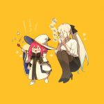  2girls aged_down baobhan_sith_(fate) black_pantyhose book cellphone cosplay fate/grand_order fate_(series) glasses grey_hair hat high_heels kabutomushi_s long_hair morgan_le_fay_(fate) multiple_girls pantyhose phone pink_hair pointy_ears ponytail smartphone squatting taking_picture tonelico_(fate) tonelico_(fate)_(cosplay) wand witch_hat yellow_background 