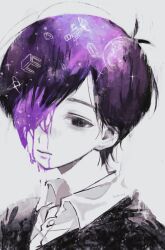  1boy absurdres antenna_hair black_eyes black_hair black_sweater_vest closed_mouth collared_shirt grey_background hashtag-only_commentary hethima_power highres looking_at_viewer male_focus omori shirt short_hair simple_background solo sunny_(omori) sweater_vest upper_body white_shirt 