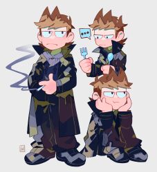  ... 1boy absurdres antenna_hair black_coat black_eyes black_hoodie black_pants black_shoes brown_hair cigarette coat drawstring eddsworld fewer_digits fork full_body hands_on_own_face high_collar highres holding holding_cigarette holding_fork holding_spoon hood hood_down hoodie jitome long_sleeves male_focus multiple_views open_clothes open_coat pants prototype_design scene_reference shoes short_hair simple_background sitting smoke spoken_ellipsis spoon standing toon_(style) tord_(eddsworld) trench_coat white_background yasunoe0 