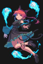  1girl animal_ears black_background black_bow black_dress black_ribbon black_shoes blunt_bangs bow cat_ears cat_tail detached_sleeves dress extra_ears frilled_dress frills full_body hair_bow highres hitodama kaenbyou_rin leg_ribbon legs long_hair multiple_tails pixel_art pointy_ears potemki11 red_eyes red_hair red_nails ribbon shoes simple_background skull solo tail touhou two_tails 