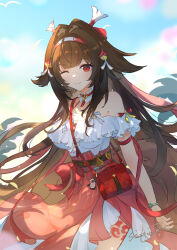  1girl brown_hair collar criss-cross_straps cross-laced_clothes cross-laced_top droopy_ears fluffy_tail frilled_collar frilled_shirt frills hair_intakes hairband highres leg_tattoo long_hair long_skirt looking_at_viewer multicolored_hairband official_alternate_costume one_eye_closed red_bag red_eyes red_hairband red_skirt shanshanziyu shirt skirt solo tattoo white_hairband ye_shunguang ye_shunguang_(touch_of_dawnlight) zenless_zone_zero 