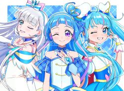  3girls ahoge aokaze_nana armband artist_name blue_background blue_bow blue_bowtie blue_cape blue_crown blue_dress blue_eyes blue_gloves blue_hair blue_hairband blue_theme blunt_bangs bow bowtie brooch cape color_connection commentary crown crown_earrings cure_nyammy cure_sky cure_wink cut_bangs detached_collar detached_sleeves dress dress_bow earrings elbow_gloves fingerless_gloves frilled_armband frills girl_sandwich gloves grey_hair hair_bow hair_bun hair_ornament hairband half_gloves hand_on_own_chest hirogaru_sky!_precure hotsuka_idou in-franchise_crossover jewelry kimi_to_idol_precure long_hair looking_at_viewer magical_girl mini_crown multicolored_hair multiple_girls nekoyashiki_yuki off-shoulder_dress off_shoulder one_eye_closed open_mouth outline pact_holder pink_bow pink_hair pointed_crown precure puffy_detached_sleeves puffy_sleeves purple_hair sandwiched side-by-side signature single_side_bun single_sidelock sleeveless sleeveless_dress smile sora_harewataru sparkle straight_hair streaked_hair tilted_headwear twintails two-sided_cape two-sided_fabric two-tone_dress two-tone_hair v very_long_hair violet_eyes white_bow white_dress white_gloves white_hairband white_outline wing_brooch wing_hair_ornament wonderful_precure! 