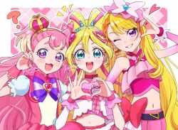  3girls :3 :d ? arched_crown artist_name asymmetrical_bangs asymmetrical_gloves belt black_belt blonde_hair blue_eyes blush_stickers bow bowtie braid braided_bangs bridal_gauntlets brooch butterfly_hat_ornament capelet claw_pose color_connection commentary cropped_shirt crown cure_butterfly cure_idol cure_wonderful detached_sleeves double_bun dress earrings elbow_gloves frilled_shirt frills girl_sandwich gloves hair_bow hair_bun hairband hat hat_ornament heart heart_brooch heart_hair_strand heart_hands hijiri_ageha hirogaru_sky!_precure hotsuka_idou in-franchise_crossover inukai_komugi jewelry kimi_to_idol_precure layered_gloves leaning_to_the_side long_hair looking_at_viewer magical_girl midriff mini_crown mob_cap multicolored_hair multiple_girls navel notice_lines open_mouth orange_hair pink_background pink_bow pink_gloves pink_hat pink_shirt pink_skirt pink_theme pleated_skirt precure puffy_detached_sleeves puffy_sleeves purple_bow purple_bowtie red_bow red_capelet red_dress sakura_uta_(precure) sandwiched shirt showgirl_skirt side-by-side signature single_sleeve skirt skirt_bow sleeveless sleeveless_shirt smile sparkle streaked_hair tilted_headwear two-tone_hair two_side_up very_long_hair violet_eyes white_hairband wing_brooch wonderful_precure! wrist_cuffs yellow_hairband 