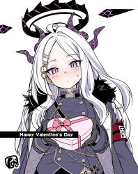  1girl ahoge armband black_coat black_gloves black_halo blue_archive blush coat coat_on_shoulders commentary_request demon_girl demon_horns gloves halo highres hina_(blue_archive) horns long_hair looking_at_viewer namuru red_armband solo upper_body valentine very_long_hair violet_eyes white_hair 