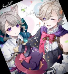  1boy 1girl ;d animal_ear_fluff animal_ears aqua_bow aqua_bowtie aqua_streaks artist_name balloon birthday black_capelet black_corset black_gloves black_hat blonde_hair blunt_bangs blush bow bowtie braid brother_and_sister brown_bow brown_bowtie buttons capelet cat_ears center_frills closed_mouth commentary confetti corset detached_sleeves english_commentary eyelashes facial_mark frilled_shirt_collar frills genshin_impact gloves grey_hair hair_between_eyes hair_bow happy_birthday hat highres holding holding_unworn_clothes holding_unworn_hat huge_bow juliet_sleeves kuromuru long_sleeves looking_at_viewer lynette_(genshin_impact) lyney_(genshin_impact) multicolored_gloves multicolored_hair one_eye_closed open_mouth parted_bangs puffy_sleeves red_bow red_bowtie red_streaks rosseland_(genshin_impact) shirt short_hair shrug_(clothing) siblings sidelocks sleeveless sleeveless_shirt smile star_(symbol) star_facial_mark streaked_hair swept_bangs teardrop_facial_mark top_hat twins twitter_username two-tone_gloves unworn_hat unworn_headwear viewfinder violet_eyes white_gloves white_shirt white_shrug white_sleeves wing_collar 