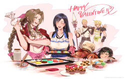  3boys 3girls absurdres aerith_gainsborough apron baking chef_hat chocolate cid_highwind cloud_strife cookie crumbs cupcake final_fantasy final_fantasy_vii final_fantasy_vii:_ever_crisis food fujise_lisa happy_valentine hat highres holding holding_pastry_bag icing icing_spatula licking_lips macaron mixing_bowl multiple_boys multiple_girls official_alternate_costume official_art pastry pastry_bag red_xiii sprinkles sweets tifa_lockhart tongue tongue_out valentine yuffie_kisaragi 
