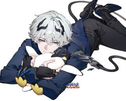  1boy ardashir_(arknights) arknights arknights:_endfield bird black_gloves black_horns black_pants blue_eyes blue_jacket blue_shoes commentary demon_tail endministrator_(arknights) fingerless_gloves gloves highres holding holding_stuffed_toy horns jacket looking_at_object lying male_focus on_stomach pants pavilionushima penguin pointy_ears shoes simple_background small_horns smile solo stuffed_animal stuffed_penguin stuffed_toy tail untranslatable_commentary white_background white_hair 