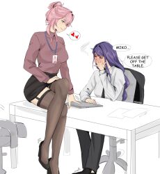  black_pants black_shoes blush chair closed_eyes collared_shirt commentary computer english_commentary english_text garter_straps genshin_impact hair_bun heart highres laptop long_hair on_chair on_table pants pink_hair purple_hair purple_sweater raiden_shogun seijousai shirt shoes sitting spoken_heart sweater table thigh-highs turtleneck turtleneck_sweater white_shirt yae_miko 