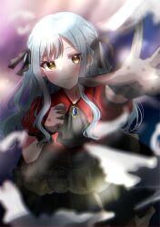  1girl arm_up asahi_rise ascot bang_dream! bang_dream!_it's_mygo!!!!! black_ascot black_corset black_gloves black_ribbon black_skirt blue_hair blush closed_mouth commentary corset earrings gloves hair_ribbon highres jewelry long_hair looking_at_viewer oblivionis_(bang_dream!) puffy_short_sleeves puffy_sleeves red_shirt ribbon shirt short_sleeves sidelocks skirt solo togawa_sakiko two_side_up yellow_eyes 