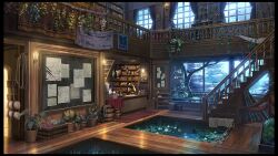  bakuinu barrel bookshelf candle carpet chalkboard egg hanging highres indoors no_humans original plant pool poster_(object) potted_plant railing rubber_duck scenery stairs tree wall_lamp water window wooden_box wooden_floor wooden_wall 