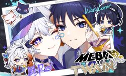  1boy 1girl animalization aqua_pupils aqua_trim arm_at_side ash_mirai beret black_cat black_hat black_headband blue_butterfly blue_sleeves blunt_ends bow braid braided_bangs bright_pupils brown_hair bug butterfly butterfly-shaped_pupils butterfly_choker butterfly_hair_ornament cat character_name cheek-to-cheek chibi chibi_inset choker choppy_bangs coffee collared_shirt colored_tips company_logo company_name contemporary couple cup curtained_hair detached_sleeves disposable_cup drinking drinking_straw emblem eyeliner facial_mark genshin_impact gradient_hair grey_sweater_vest hair_between_eyes hair_bow hair_ornament hair_tie half_crown_braid hand_up hat headband heads_together hetero highres holding holding_cup iced_coffee makeup medium_hair multicolored_hair necktie oc_x_canon official_alternate_costume one_side_up original person_and_animalization photo_(object) photo_background pink_lips pointy_ears purple_bow purple_choker purple_hat purple_sweater_vest purple_trim red_eyeliner red_necktie scaramouche_(genshin_impact) school_uniform shirt short_sleeves smile sweater_vest symbol-shaped_pupils tsurime twitter_username undershirt violet_eyes visor_cap wanderer_(genshin_impact) wanderer_(mega_mgc_coffee)_(genshin_impact) white_cat white_hair white_pupils white_shirt white_sleeves wing_collar 