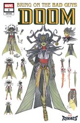  1girl absurdres animal_skull armor black_horns body_markings cape colored_skin comic_cover concept_art copyright_logo copyright_name cover cover_page demon_days_(marvel) earrings english_text extra_horns green_skin hand_on_own_hip hela_(marvel) hela_(yami_no_karasu)_(marvel) high_heels highres horns japanese_clothes jewelry logo looking_at_viewer marvel marvel_rivals official_alternate_costume official_art pauldrons peach_momoko red_shoes reference_sheet shoes shoulder_armor skull solo sword thor_(marvel)_(series) weapon white_background 