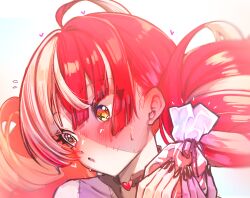  1girl ahoge averting_eyes bag black_nails blush choker colored_skin commentary double_bun ear_blush embarrassed english_commentary flying_sweatdrops grey_skin hair_between_eyes hair_bun heart heart_choker heterochromia holding holding_bag hololive hololive_indonesia kghazir kureiji_ollie long_hair mismatched_pupils multicolored_hair multicolored_skin nose_blush open_mouth orange_eyes patchwork_skin portrait purple_skin red_hair simple_background solo stitched_face stitches streaked_hair symbol-shaped_pupils virtual_youtuber white_hair white_skin x-shaped_pupils 