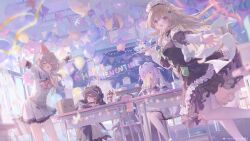  4girls 9-nine- :d =_= ^_^ ahoge animal_on_head artist_name back_bow backlighting balloon bare_shoulders belt black_bow black_dress black_hair black_hairband blue_eyes blurry blush bow bowtie box braid breasts brown_hair butterfly_hair_ornament buttons cat cat_on_head chair chalkboard classroom closed_eyes closed_mouth commentary confetti cowboy_shot day depth_of_field desk detached_collar detached_sleeves double-breasted dress dress_bow dutch_angle english_commentary feet_out_of_frame floating_hair food frilled_dress frilled_hairband frilled_sleeves frills frown gear_hair_ornament gift gift_box gothic_lolita green_bow green_ribbon grey_belt grey_hair hair_between_eyes hair_bow hair_intakes hair_ornament hair_ribbon hairband hairclip hakusen_academy_school_uniform hand_up happy happy_valentine hat heart highres holding holding_gift holding_party_popper holding_tray indoors kousaka_haruka kujou_miyako large_breasts lolita_fashion long_hair long_sleeves looking_at_viewer maid maid_headdress multiple_girls niimi_sora nine_ball_maid_uniform official_alternate_costume on_chair on_head open_mouth outstretched_arms outstretched_hand party_hat party_popper pink_bow pink_bowtie pleated_dress polka_dot polka_dot_bow pudding purple_hair red_bow red_eyes ribbon school_desk school_uniform side_ponytail sidelocks single_braid sitting sleeves_past_wrists smile sophitia speech_bubble spoken_heart standing star_balloon thigh-highs tray two_side_up umehara_sei valentine very_long_hair watermark white_bow white_cat white_dress white_thighhighs wide_sleeves window wing_hair_ornament yuuki_noa 
