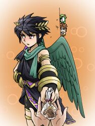  angel angel_wings black_hair blush commentary_request dark_pit green_scarf hand_on_own_hip highres kid_icarus kid_icarus_uprising laurel_crown looking_to_the_side male_focus orange_background palutena peeking_out pit_(kid_icarus) pov pov_hands recording red_eyes scarf solo_focus tsundere valentine wings yui_fightpaint 