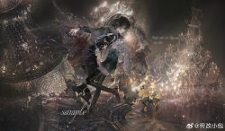  2boys absurdres ascot black_boots black_hair black_robe blonde_hair blood blood_on_clothes blue_eyes blue_ribbon boots borrowed_character chandelier chinese_commentary commission dancing dated from_side full_body godwin_plessis_(sunrisearcqed) green_shorts grey_veil hair_between_eyes hand_on_another's_head high-waist_shorts highres lace-trimmed_veil lace_trim lao_gai_xiao_bao long_hair long_sleeves looking_at_another low_ponytail male_focus mihuashi_commission multiple_boys original parted_lips ponytail profile ribbon robe sample_watermark shared_veil shirt short_hair shorts standing standing_on_one_leg thigh_boots veil very_long_hair watermark weibo_watermark white_ascot white_shirt winston_de_plessis_(sunrisearcqed) yellow_eyes 