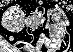  2girls ange_katrina asteroid_belt banken_(inui_toko) camera commentary_request crease double_v floating greyscale hatching_(texture) helmet hexagram highres holding holding_camera linear_hatching lize_helesta monochrome moon multiple_girls nijisanji planet scan shou-star space space_helmet spacesuit star_(sky) traditional_media v virtual_youtuber 