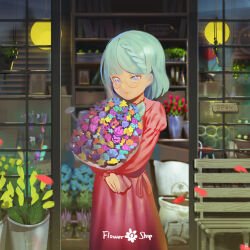  1girl bench blue_eyes bouquet dress flower glasses green_hair holding holding_bouquet open_sign original qianjing red_dress short_hair solo window wooden_bench 