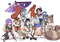  6+girls :3 animal_ears arm_support asymmetrical_wings bead_necklace beads black_dress black_hair black_shoes black_thighhighs blonde_hair blue_hair blue_hood blue_vest blush blush_stickers bow bowtie brown_dress capelet closed_eyes commentary_request cross-laced_clothes cross-laced_dress crossed_ankles crossed_arms cup dog_ears dog_girl dress drunk fang futatsuiwa_mamizou gradient_hair green_eyes grey_hair hagoromo hair_ornament half-closed_eyes highres hijiri_byakuren hishaku holding holding_cup holding_umbrella jewelry jitome juliet_sleeves karakasa_obake kasodani_kyouko kepona kumoi_ichirin leaf_hair_ornament long_hair long_sleeves looking_at_viewer lotus_hair_ornament mouse_ears mouse_girl mouse_tail multicolored_hair multiple_girls murasa_minamitsu nazrin neckerchief necklace nue one_eye_closed open_mouth orange_vest pants parted_bangs pince-nez pink_capelet pointy_ears puffy_sleeves purple_hair raccoon_ears raccoon_girl raccoon_tail red_bow red_bowtie red_eyes red_neckerchief red_pendant round_eyewear sailor_collar sailor_shirt seiza shawl shirt shoes short_hair shorts simple_background sitting sleeping sleeping_on_person sleeveless sleeveless_dress smile snake socks straight-on sweatdrop tail tareme tatara_kogasa thigh-highs toramaru_shou touhou two-tone_dress two-tone_hair umbrella undefined_fantastic_object unzan vest white_background white_dress white_pants white_shirt white_shoes white_shorts white_socks wings 