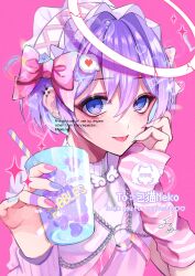  1boy arm_warmers bandaid bandaid_on_finger bandaid_on_hand bubble commentary commission crossdressing crossdressing_(mtf) cup drinking_straw hair_between_eyes halo head_on_hand highres holding holding_cup kaminoq looking_at_viewer maid_headdress male_focus original pink_background pink_ribbon purple_hair ribbon skeb_commission smile solo sparkle tongue tongue_out untranslatable_commentary 