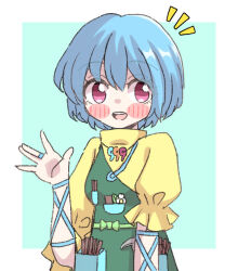  1girl alternate_hairstyle apron blue_hair blush commentary_request erakokyu01 green_apron hand_up haniyasushin_keiki jewelry looking_at_viewer magatama magatama_necklace necklace no_headwear parted_lips pink_eyes shirt short_hair short_sleeves smile solo teeth touhou upper_teeth_only yellow_shirt 
