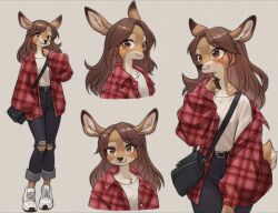  1girl animal_ears bag belt black_bag black_belt closed_mouth collarbone commentary deer_ears deer_girl deer_tail denim furry furry_female grey_background jacket jeans nonoka917 open_clothes open_jacket original pants plaid_clothes plaid_shirt red_shirt shirt shoulder_bag simple_background smile tail torn_clothes torn_pants unmoving_pattern white_shirt 