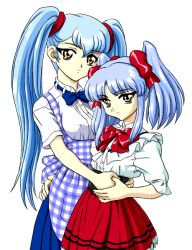  2girls age_comparison apron arm_around_waist bandabekken blue_apron blue_bow blue_bowtie blue_hair blue_skirt bow bowtie breasts bronze_parrot brown_eyes closed_mouth cowboy_shot cummerbund dual_persona frilled_shirt frills gingham_apron gingham_clothes hair_bow hand_on_another's_back holding_hands hoshino_ruri hoshino_ruri_(captain) kidou_senkan_nadesico kidou_senkan_nadesico_-_prince_of_darkness kobeya_uniform long_hair looking_at_viewer medium_breasts multiple_girls pleated_skirt red_bow red_bowtie red_skirt shirt simple_background skirt standing time_paradox twintails waitress white_background white_shirt 