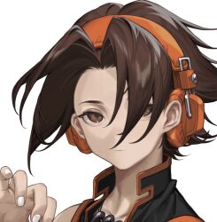  1boy asakura_yoh brown_eyes brown_hair cbow closed_mouth commentary curtained_hair eyelashes headphones highres looking_at_viewer male_focus shaman_king short_hair simple_background solo white_background white_nails 