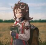  1girl ahoge animal_ears arknights backpack bag black_gloves blue_sky blurry blurry_background book brown_hair chinese_commentary closed_mouth commentary_request cowboy_shot day dress eyjafjalla_(arknights) fingerless_gloves gloves gumiaoandpeace head_wreath holding holding_book horns long_sleeves looking_at_viewer looking_to_the_side mask mask_around_neck medium_hair outdoors pink_eyes purple_dress red-tinted_eyewear respirator sheep_ears sheep_girl sheep_horns shirt sky solo tinted_eyewear unworn_eyewear wheat_field white_shirt 