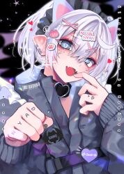  1boy animal_ears blue_eyes choker commentary_request earrings fake_animal_ears hair_between_eyes hair_ornament hairclip hand_tattoo head_tilt heart highres jewelry kaminoq long_sleeves looking_at_viewer male_focus musical_note open_mouth original smile solo tattoo 