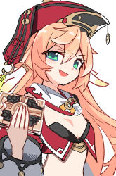  1girl absurdres black_hat book breasts chinese_clothes coin commentary_request crop_top detached_sleeves e.o. genshin_impact gold_coin gold_trim green_eyes grey_sleeves hair_between_eyes hair_ornament hair_stick hand_up hat hat_ornament hat_ribbon hat_tassel highres holding holding_book lapels long_hair long_sleeves looking_at_viewer midriff one-hour_drawing_challenge open_mouth pink_hair pom_pom_(clothes) red_hat red_ribbon ribbon sidelocks simple_background small_breasts smile solo two-tone_hat upper_body white_background wide_sleeves xiezhi_guan yanfei_(genshin_impact) 