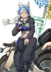  1girl :/ absurdres animal_ears antenna_hair arclight_(arknights) arknights arknights:_endfield baggy_pants black_jacket black_pants black_shoes blue_eyes blue_hair blurry blurry_background braid bright_pupils closed_mouth commentary cropped_jacket cup dark-skinned_female dark_skin disposable_cup drinking_straw drinking_straw_in_mouth ear_piercing earclip floating_hair foot_out_of_frame gloves grey_hair hand_up highres holding holding_cup hood hood_down hooded_jacket jacket long_hair long_sleeves looking_at_viewer midriff motor_vehicle motorcycle multicolored_eyes multicolored_hair navel on_motorcycle pants piercing regit_etihw ringed_eyes road_sign shoes side_braid sign single_glove sitting solo stomach straight-on toned toned_female twin_braids twintails two-tone_eyes two-tone_hair white_pupils yellow_eyes 