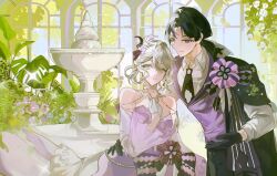  1boy 1girl alternate_costume arms_at_sides bare_shoulders black_cloak black_gloves black_hair black_necktie black_pants blue_eyes blunt_ends bow braid braided_bangs cloak closed_mouth collared_cloak commission curly_sidelocks detached_collar detached_sleeves diffraction_spikes dress dress_shirt eyelashes flower formal_clothes fountain frilled_sleeves frills genshin_impact gloves gradient_sleeves hair_between_eyes hair_bow hair_flower hair_intakes hair_ornament hand_on_another's_hip high_collar highres indoors large_bow long_sleeves looking_at_another looking_to_the_side medium_hair necktie oc_x_canon open_hand open_mouth original pants pink_dress pink_flower pink_sleeves plant purple_bow purple_flower purple_vest quad_hair_rings scaramouche_(genshin_impact) second-party_source shion_due shirt smile strapless strapless_dress tsurime undershirt vest violet_eyes white_hair white_mouth white_shirt white_sleeves wide_sleeves window wing_collar 