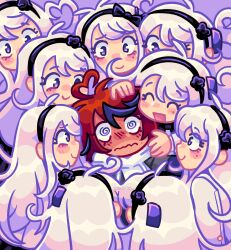  1boy 6+girls @_@ ahoge artist_name black_hairband black_streaks blush commentary english_commentary grey_jacket hairband hand_on_another's_head highres hood hoodie jacket jacket_over_hoodie kashimiya_karua long_hair looking_at_another multicolored_hair multiple_girls nose_blush red_hair short_hair sporkkles streaked_hair sumino_takumi the_hundred_line_-last_defense_academy- too_many too_many_clones two-tone_hair violet_eyes white_hair white_hoodie 