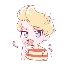 1boy animification blonde_hair child commentary_request cyappy1022 lucas_(mother_3) male_focus mother_(series) mother_3 open_mouth shirt short_hair short_sleeves simple_background smile solo striped_clothes striped_shirt 