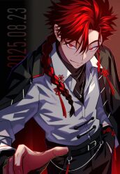  1boy 8_p350 belt belt_buckle black_background black_belt black_coat black_pants black_shirt bracelet braid braided_ponytail buckle buttons character_name chinese_knot closed_mouth coat coat_on_shoulders collared_shirt commentary_request cowboy_shot dated dress_shirt earrings eyeliner gradient_background hair_between_eyes hair_over_shoulder hand_in_pocket highres jewelry long_hair long_sleeves looking_at_viewer makeup male_focus necklace pants parted_bangs red_background red_eyeliner red_eyes red_hair shiguang_dailiren shirt single_braid single_earring sleeves_past_wrists smile solo standing tassel tassel_earrings turtleneck two-sided_coat two-sided_fabric undershirt wallet_chain white_shirt xiao_weiying 