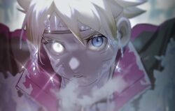  1boy blonde_hair blue_eyes boruto:_naruto_next_generations cbow commentary eyelashes facial_mark forehead_protector frozen jacket konohagakure_symbol looking_at_viewer male_focus naruto_(series) open_clothes open_jacket parted_lips short_hair solo teeth uzumaki_boruto whisker_markings 