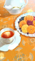  after_time_valentine_2026 blueberry commentary_request cup drink fate/grand_order fate_(series) food food_focus fruit lens_flare no_humans non-circular_lens_flare official_art orange_(fruit) orange_background orange_slice plate raisin_(fruit) saucer still_life tea teacup teapot third-party_source xxxxay 