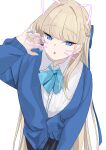  1girl absurdres blonde_hair blue_archive blue_bow blue_bowtie blue_eyes blue_nails blue_sweater blunt_bangs bow bowtie fingernails highres long_fingernails looking_at_viewer nail_polish open_mouth sweater tnr_(horiko1525) toki_(blue_archive) 