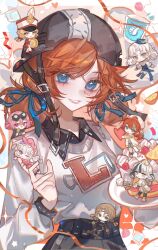  1girl absurdres birthday black_pants blue_eyes blue_ribbon cake chibi chibi_inset chinese_commentary commentary_request cowboy_shot food hair_ribbon hand_up hat highres holding holding_cake holding_food identity_v l_(letter) lily_barriere lily_barriere_(bishop-f1) lily_barriere_(congretator) lily_barriere_(fluorite) lily_barriere_(oph.lily) lily_barriere_(rising_star) lily_barriere_(stunning_my_melody) looking_at_viewer official_alternate_costume orange_hair pants parted_bangs print_shirt red_ribbon ribbon shirt smile solo twintails white_shirt ye_qingcai 