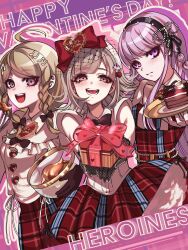  3girls :d absurdres ahoge akamatsu_kaede black_bow black_bowtie black_gloves black_hairband black_ribbon blonde_hair blue_skirt blush bow bowtie box braid brown_eyes brown_hair cake danganronpa:_trigger_happy_havoc danganronpa_(series) danganronpa_2:_goodbye_despair danganronpa_v3:_killing_harmony food gift gift_box gloves hair_ribbon hairband happy heart highres holding holding_box kirigiri_kyoko long_hair multiple_girls nanami_chiaki nota_sayaka official_alternate_costume pink_eyes pink_hair plaid_clothes plaid_skirt red_skirt ribbon skirt smile teeth tongue twin_braids twintails two-tone_skirt 