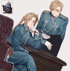  2boys absurdres ahoge alphonse_elric amestris_military_uniform blonde_hair blue_jacket blue_pants brothers cbow closed_mouth commentary_request curtained_hair edward_elric elbow_rest fullmetal_alchemist gloves highres jacket light_smile male_focus multiple_boys pants ponytail siblings sitting standing white_gloves yellow_eyes 