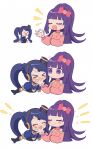  &gt;_&lt; 2girls :d ^_^ black_gloves blue_hair blunt_bangs blush bow braid braided_bangs closed_eyes closed_mouth commentary_request cropped_torso detached_sleeves facing_another galala_s_leep gloves hair_bow hanazono_shuuka hand_up hat headphones highres idol_time_pripara korean_commentary long_hair looking_at_another mini_hat multiple_girls multiple_views notice_lines ok_sign open_mouth pink_bow pink_sleeves ponytail pretty_(series) pripara puffy_short_sleeves puffy_sleeves purple_hair sequential short_sleeves simple_background smile star_(symbol) sururufu twintails upper_body v-shaped_eyebrows violet_eyes white_background 