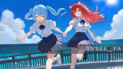  2girls :3 :d ^_^ absurdres animal_ear_fluff animal_ears arahashi_tabi black_bow black_bowtie black_shoes black_skirt blue_hair blue_sky bow bowtie character_request closed_eyes closed_mouth clouds collared_shirt commentary_request copyright_request day floating_hair foot_out_of_frame highres holding_hands horizon loafers long_hair miniskirt multicolored_hair multiple_girls nbee_ya ocean open_mouth outdoors parted_bangs pleated_skirt red_hair running school_uniform shirt shirt_tucked_in shoes short_sleeves skirt sky smile sneakers stellive streaked_hair sun twintails twitter_username watermark white_shirt white_shoes wing_collar yellow_eyes 