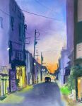  car dark highres light motor_vehicle night no_humans original painting_(medium) power_lines road sakaue111 scenery shadow street traditional_media utility_pole 