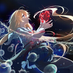  1girl ahoge air_bubble blonde_hair blue_eyes blue_skirt bokujuu broken bubble commentary cowboy_shot crying crying_with_eyes_open crystal_shards from_side gem heart heart-shaped_gem highres long_hair long_sleeves object_floating_above_hand open_mouth original partially_submerged profile red_gem shirt skirt solo tears very_long_hair water white_shirt 