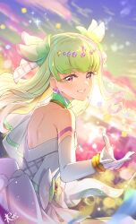  1girl absurdres artist_logo back_muscles bare_back bare_shoulders blonde_hair blunt_bangs bracelet bubble bubble_skirt choker commentary cure_zukyuun dress earrings eighth_note floating_hair frilled_ribbon frills gingham_clothes gingham_dress gloves gradient_hair gradient_sky green_hair hair_extensions hair_ornament hands_up heart-shaped_lock highres jewelry kimi_to_idol_precure logo long_hair looking_at_viewer looking_back mature_female multicolored_hair multiple_earrings musical_note musical_note_hair_ornament on_rooftop open_mouth pearl_earrings pink_eyes pink_hair precure puffy_dress puffy_sleeves purirun_(precure) purple_sky reaching reaching_towards_viewer ribbon ribbon_trim rice_rabbit22 rooftop signature single_sleeve skirt sky smile soap_bubbles solo sunlight tree upper_body white_dress white_gloves wind wing_hair_ornament wrist_cuffs 